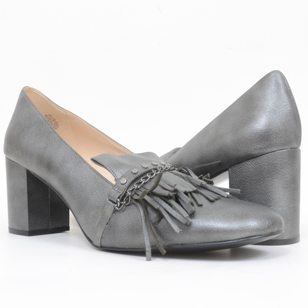 Nine West Women's 11 Gray Metallic Leather Chain Tassel Studded Block Heel Pumps
